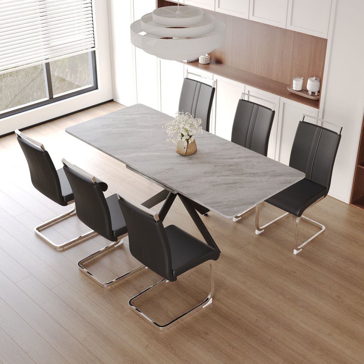 Modern Extendable Dining Table Set For 6 - 8 - Black / Gray