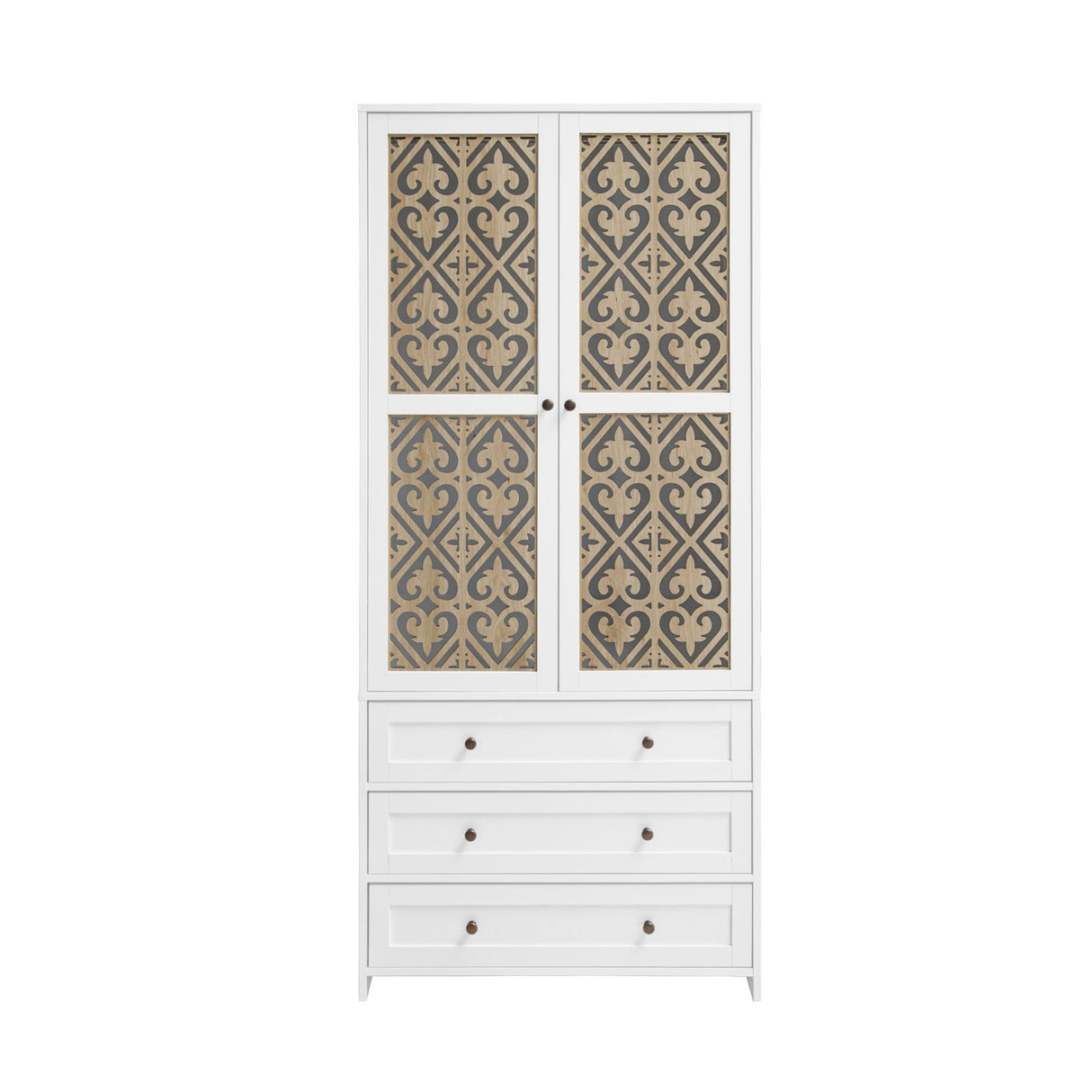 Hollow Pattern 2 Door 3 Drawer Wardrobe, The Collision Of Wood Color, Suitable For Bedrooms And Dressing Rooms - White
