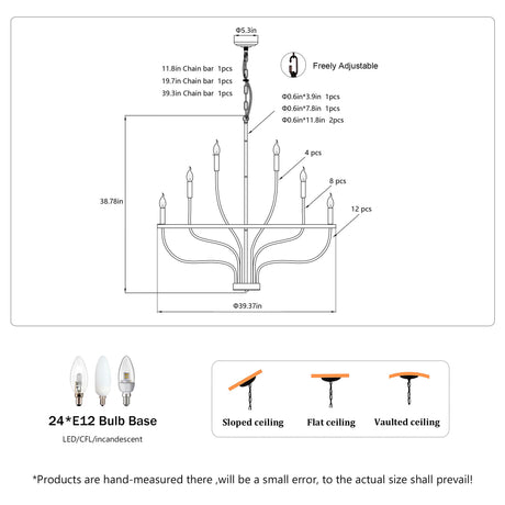 24 Light Chandelier Industrial Iron Candle Chandelier Modern Suspended Farmhouse Chandeliers Pendant Light Fixtures For Dining Room Bedroom Living Room Kitchen Island Foyer E12 Bulb (No Include) - Black