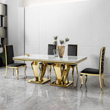 79.53 In. Elegant Marble Pattern Dining Table For 6 Or 8 Seats Polished Stainless Steel Base - Gold