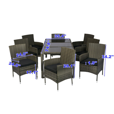 9 Piece Outdoor Patio Wicker Dining Set Patio Wicker Furniture Dining Set Glass Top - Gray / Black