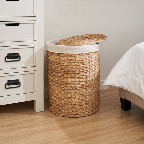 Round Tall Water Hyacinth Woven Wicker Laundry Hamper With Lid - For Clothes, Canvas, Toys And Book Storage With Removable Liner - 15" X 15" X 20" - Natural Brown