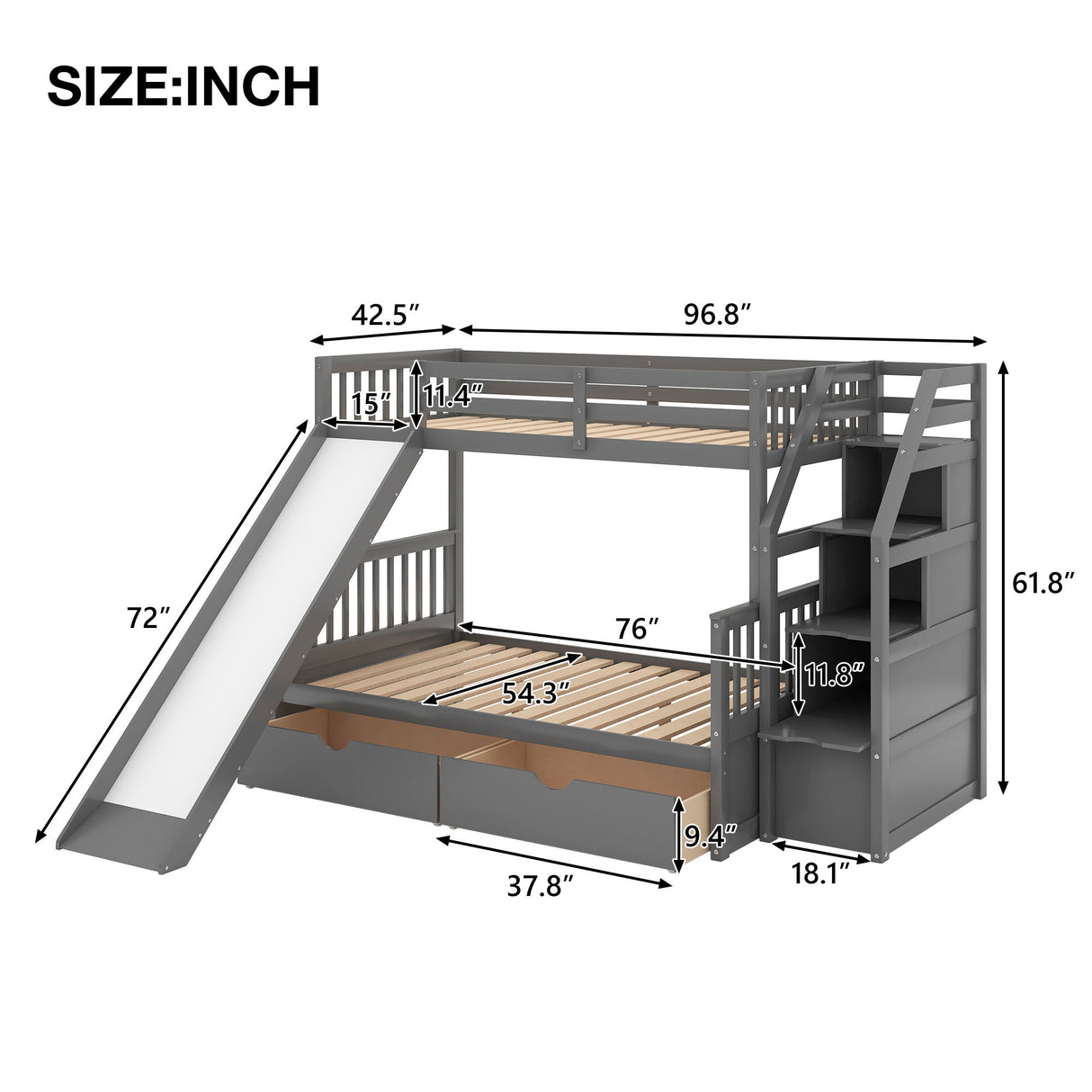 Bunk Bed With Storage Staircase, Slide, Desk, Drawers, And Shelves