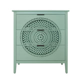 3 Drawer Storage Cabinet With Hollow Carved Design And Metal Handles, Chest For Entryway, Living Room Or Bedroom - Light Green