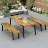 1 Dining Table & 2 Dining Benches - Light Teak