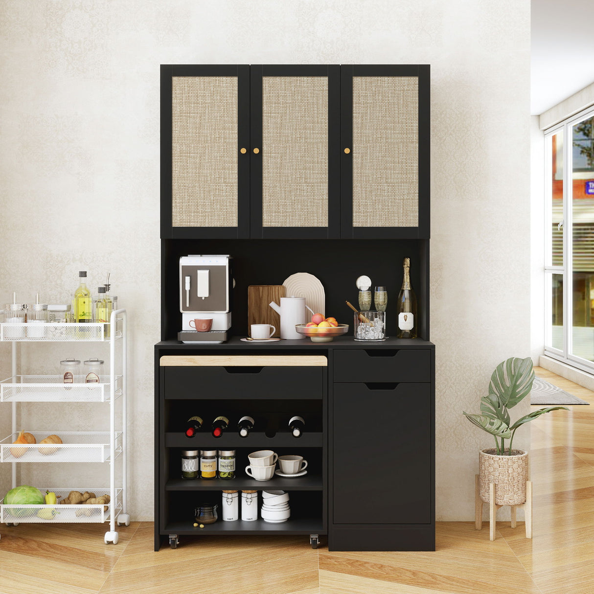 Kitchen Pantry Storage Cabinet, Modern Buffet Cabinet With Kitchen Cart, Tall Kitchen Hutch Cabinet With Microwave Stand, Food Pantry Cabinet With 3 Rattan Doors And Adjustable Shelves - Black