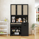 Kitchen Pantry Storage Cabinet, Modern Buffet Cabinet With Kitchen Cart, Tall Kitchen Hutch Cabinet With Microwave Stand, Food Pantry Cabinet With 3 Rattan Doors And Adjustable Shelves - Black