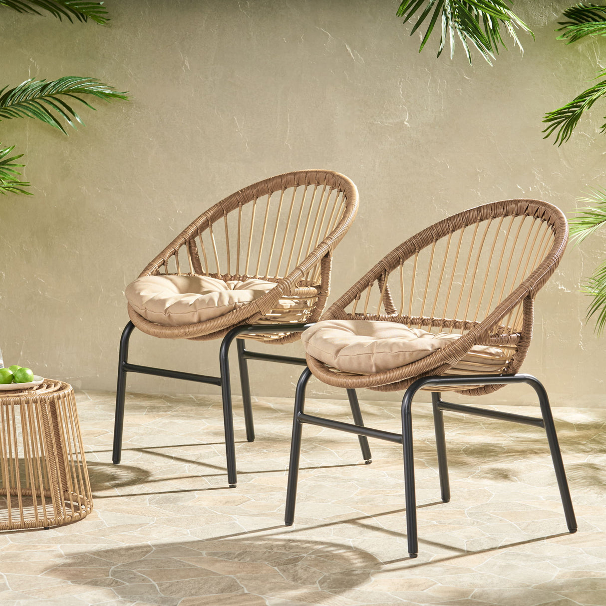 Outdoor Accent Chair With Curved Back And Basket Frame, (Set of 2) - Light Brown / Beige
