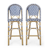 Outdoor Rattan French Barstool Set,, Bamboo, Seat Height - Navy Blue / White