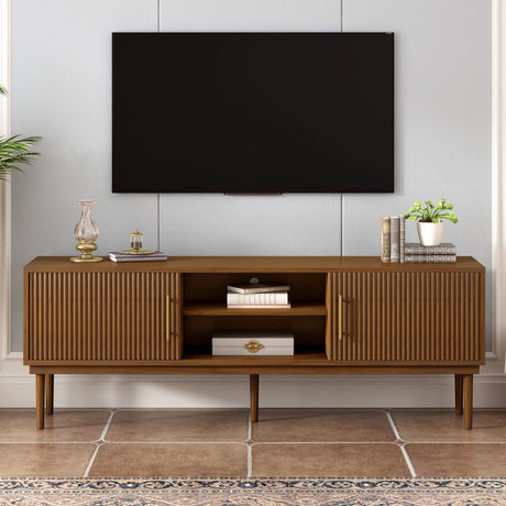 TV Stand With Vertical Slatted Doors And Sliding Panels, Solid Wood Legs - Brown