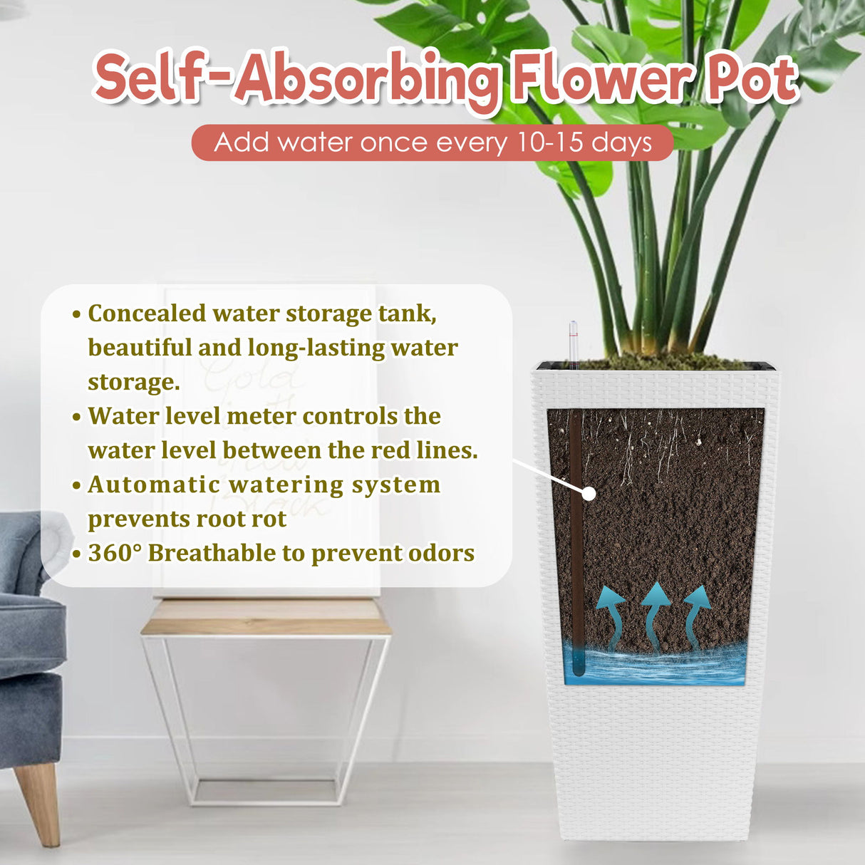 Large Self Watering Flower Pot With Drainage Holes & Inner Tray