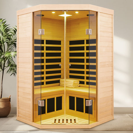 2 Persons Large Glass Front Deluxe Version Hemlock Far Infrared Corner Sauna Room - Natural