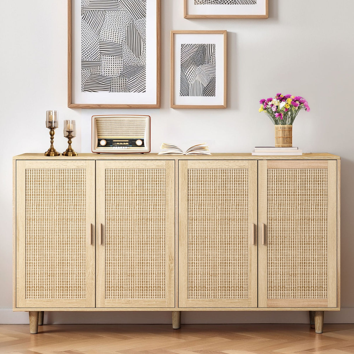 Elegant And Functional 4 Door Rattan Decorative Storage Cabinet
