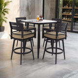 5 Pieces Outdoor Patio Bar Set, Rounded Square Sintered Stone Table & 4 Swivel Bar Chairs