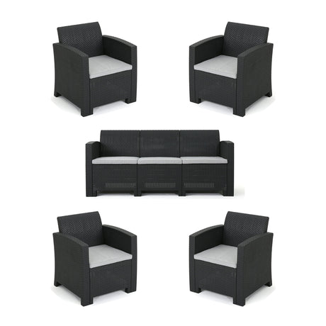 Outdoor Faux Wicker Rattan Style Chat Set With Water Resistant Cushions, 5 Pieces Set - Charcoal / Light Gray