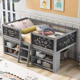 Low Loft Bed With Movable Shelves And Ladder, Decorative Chalkboard Guardrail