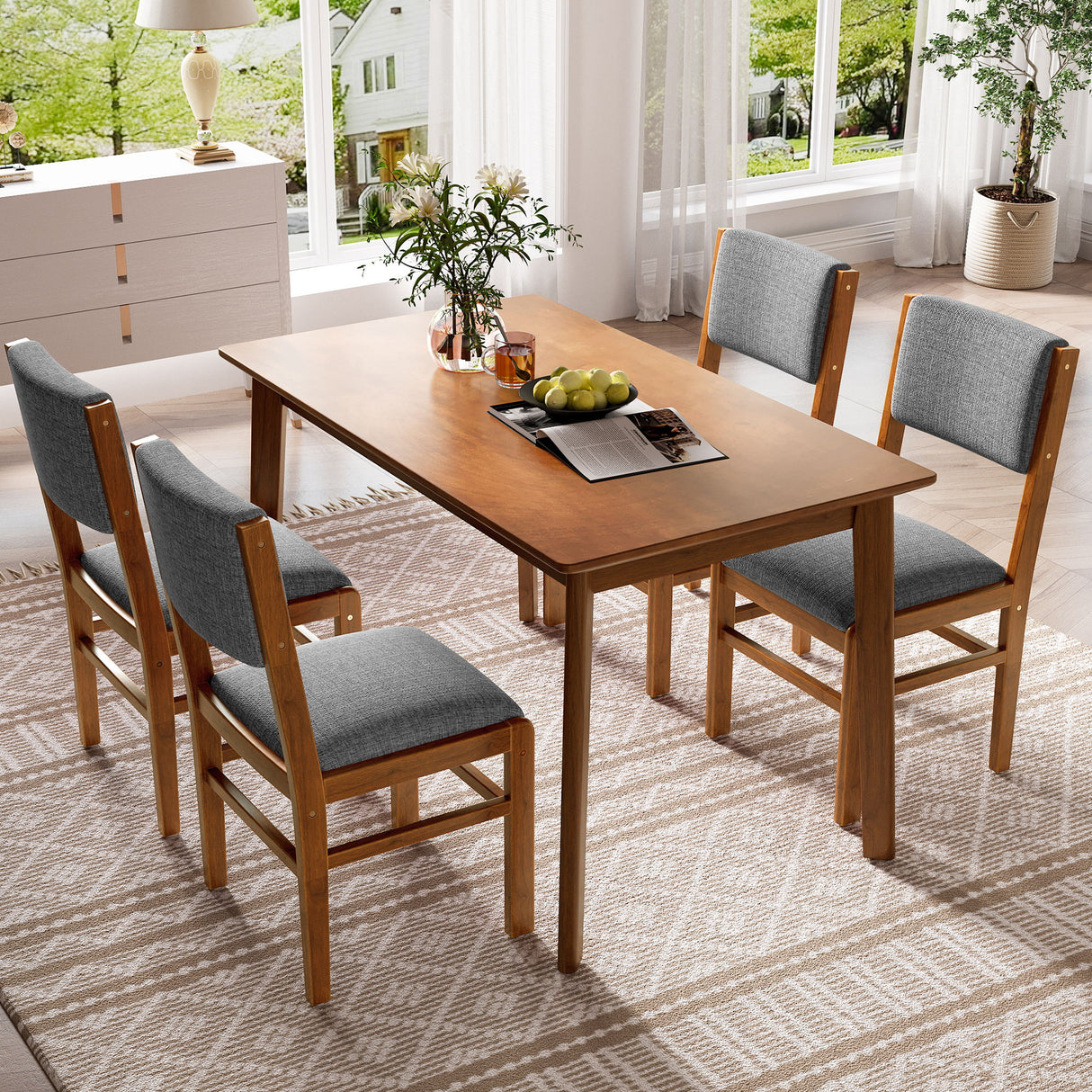 5 Pieces Rectangle Wooden Dining Table Set, Mid Century Modern Kitchen Table And 4 Upholstered Chairs For Home, Saving Space - Brown / Gray