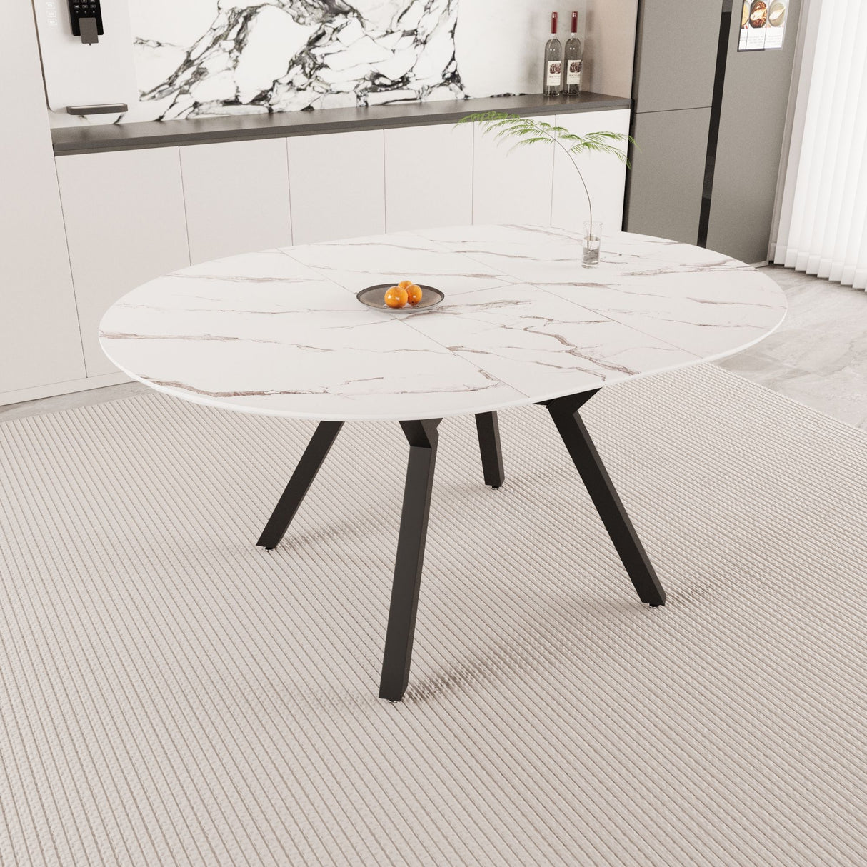 Modern Extendable White Circular Dining Table with MDF Top and Metal Legs for 4-6 Persons