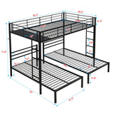 Modern Metal Triple Bunk Bed With Vertical Ladder, Safety Rail, And Storage Shelf - Black