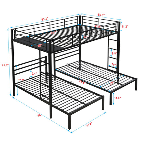 Modern Metal Triple Bunk Bed With Vertical Ladder, Safety Rail, And Storage Shelf - Black