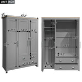 3 Door Storage Wardrobe With Cabinets And 2 Hanging Rods - Gray