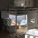 Loft Bed With Storage Staircase, Window & LED Light