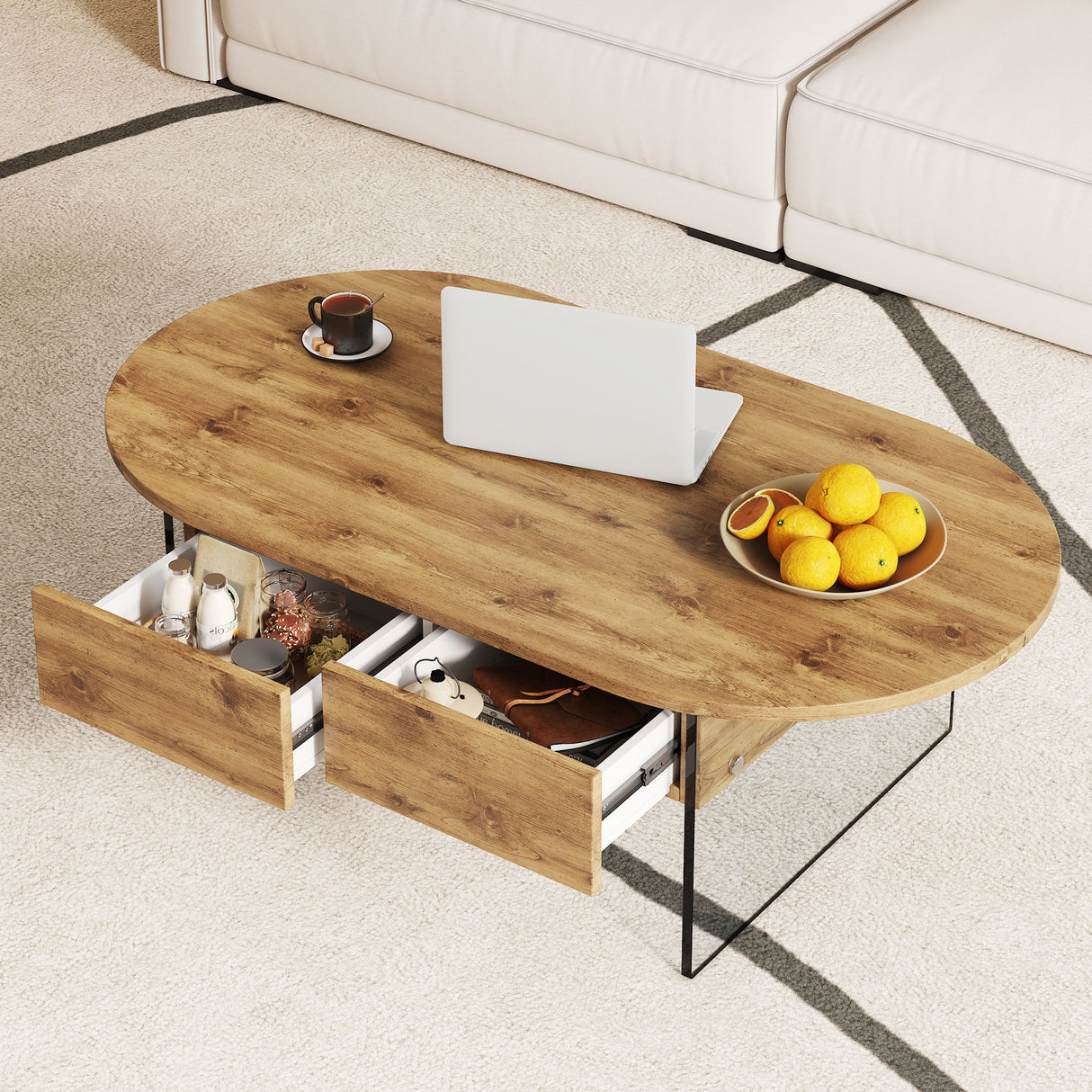 Elegant Coffee Table With Double Drawers And Transparent Glass Sides - Wood