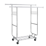 Heavy Duty Double Clothing Garment Rack With Shelves - Silver