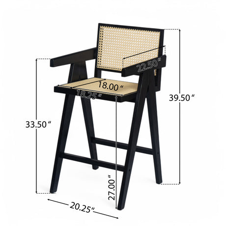 Modern Minimalist Bar Stool With Cane Seat - Black / Natural
