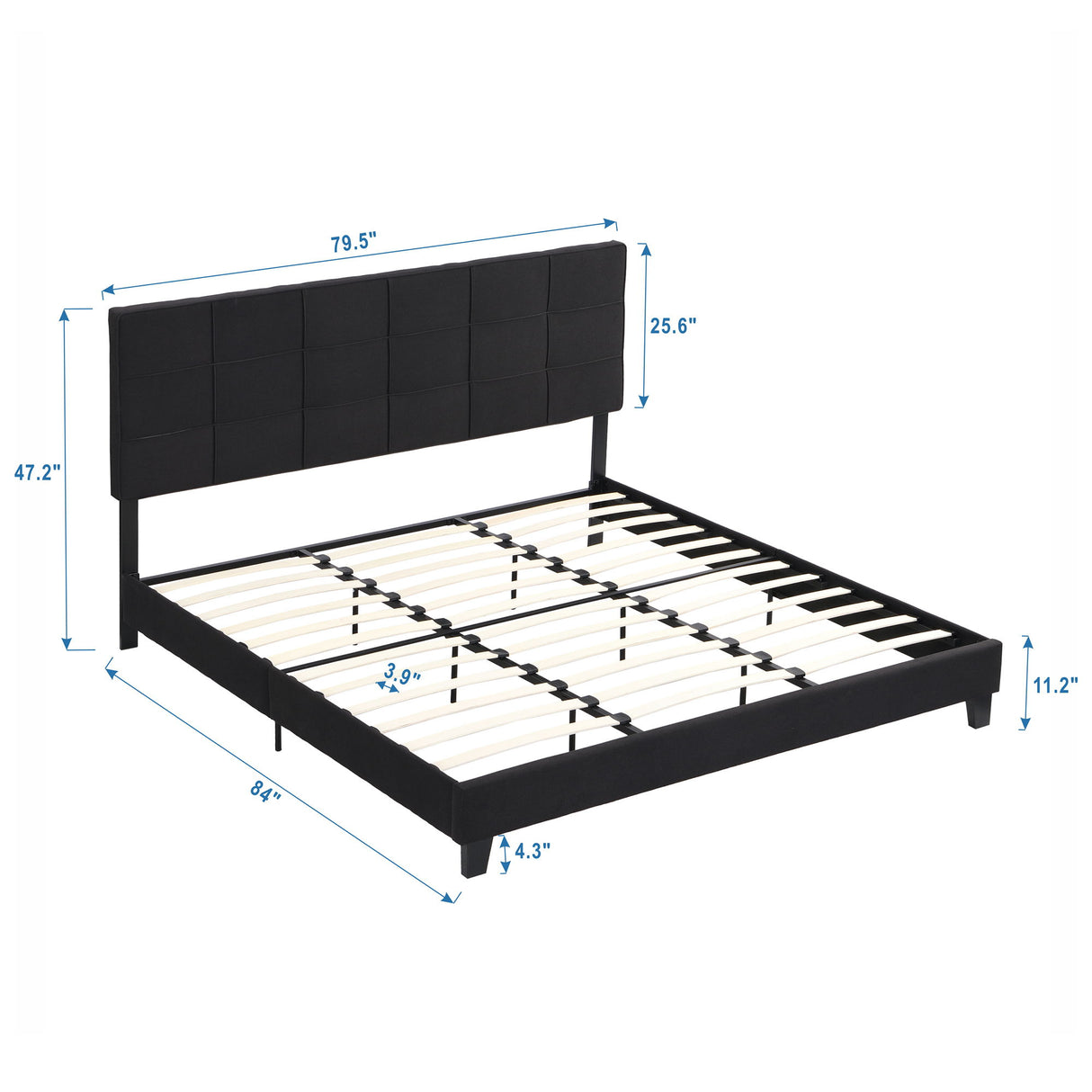 King Size Upholstered Platform Bed Frame With Linen Fabric Headboard, Wood Slat Support - Black