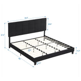 King Size Upholstered Platform Bed Frame With Linen Fabric Headboard, Wood Slat Support - Black