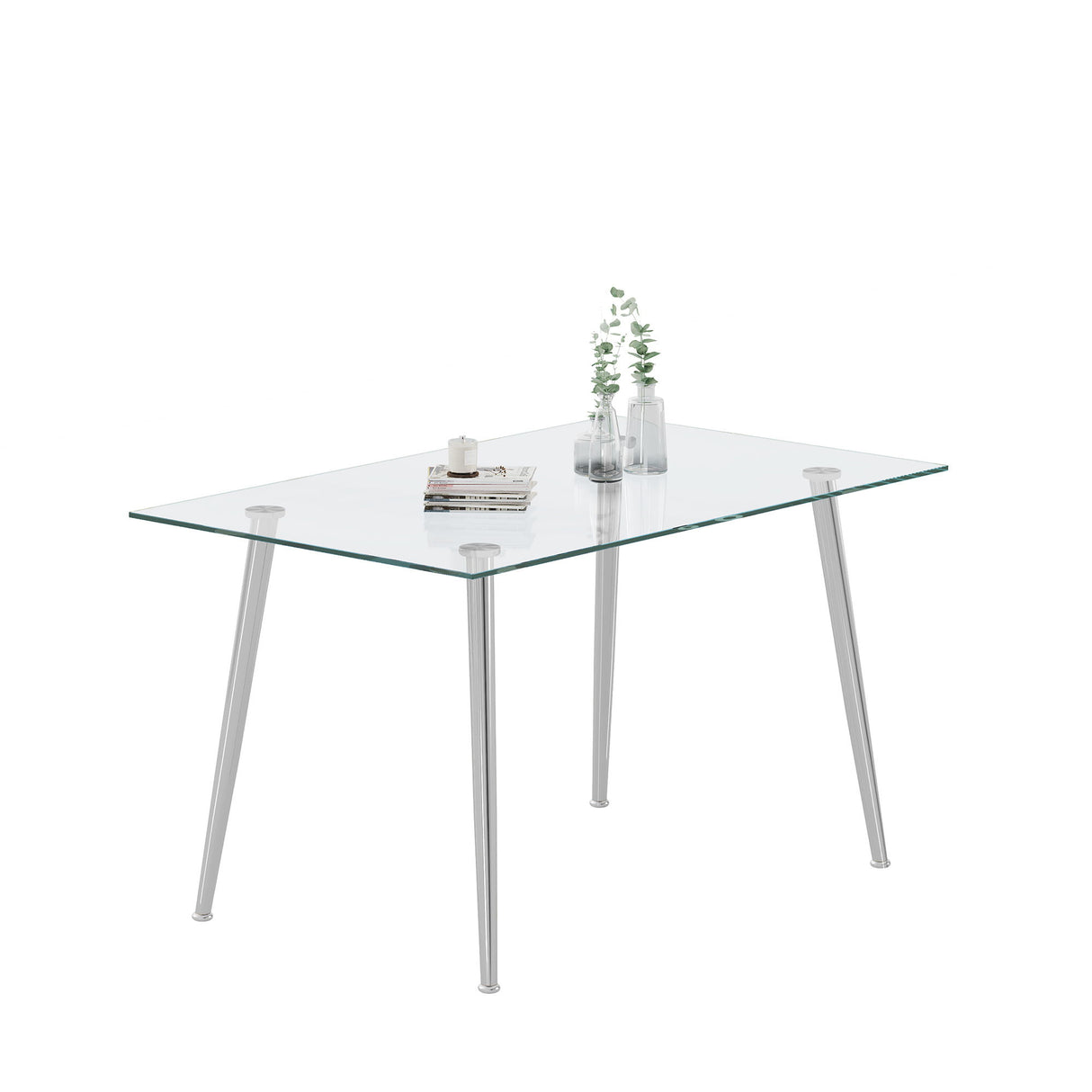 Thick Tempered Glass Top Dining Table & Stainless Steel Legs - Silver