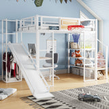 Loft Bed With Built In Desk, Open Wardrobe, Basketball Hoop, Slide And Staircase