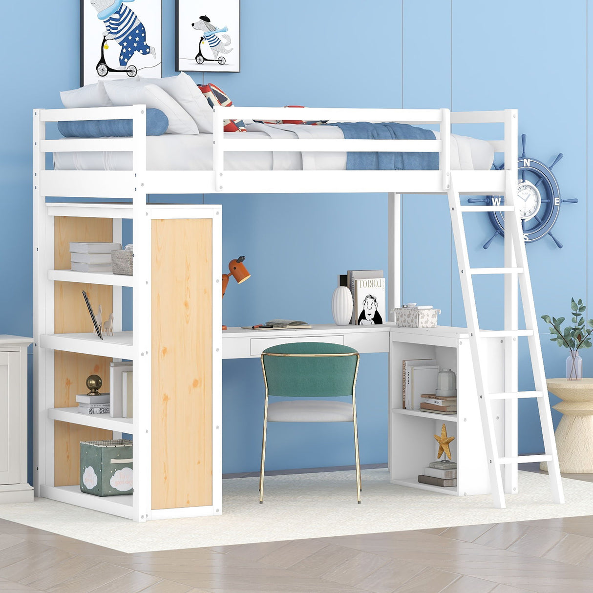 Loft Bed With Ladder, Shelves, And Desk