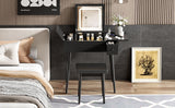 Makeup Vanity Desk With Flip Top Mirror And LED Light, Dressing Table With Charging Station, 2 Drawers And Fold Up Panel, Vanity Set With Cushioned Stool For Bedroom - Black