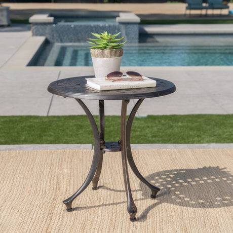 Lunaire - Outdoor Round Cast Aluminum Side Table With Lattice Top And Curved Legs - Bronze