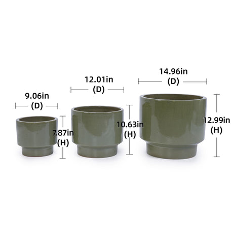 3 Pieces Ceramic Flowerpot, Planter For Patio, Garden Or Windowsills - Antique Light Green