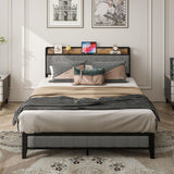 Bed With Charging Station, American Design Upholstered Headboard, Metal Platform