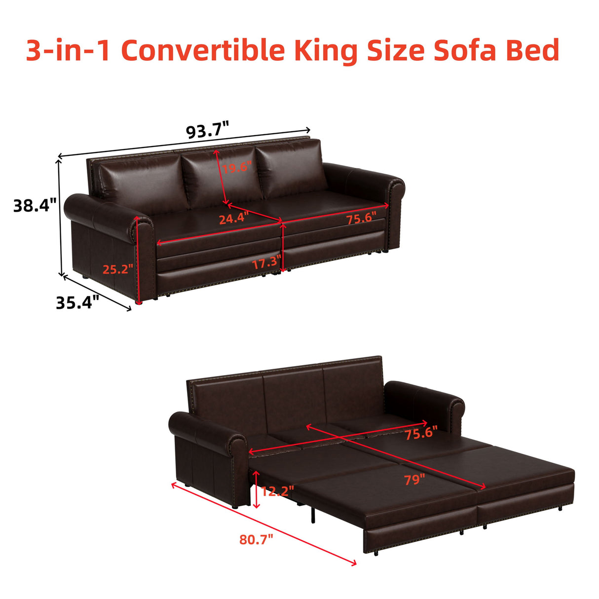 3 In 1 Convertible Sleeper Sofa With Nailhead Trim & Rolled Arm