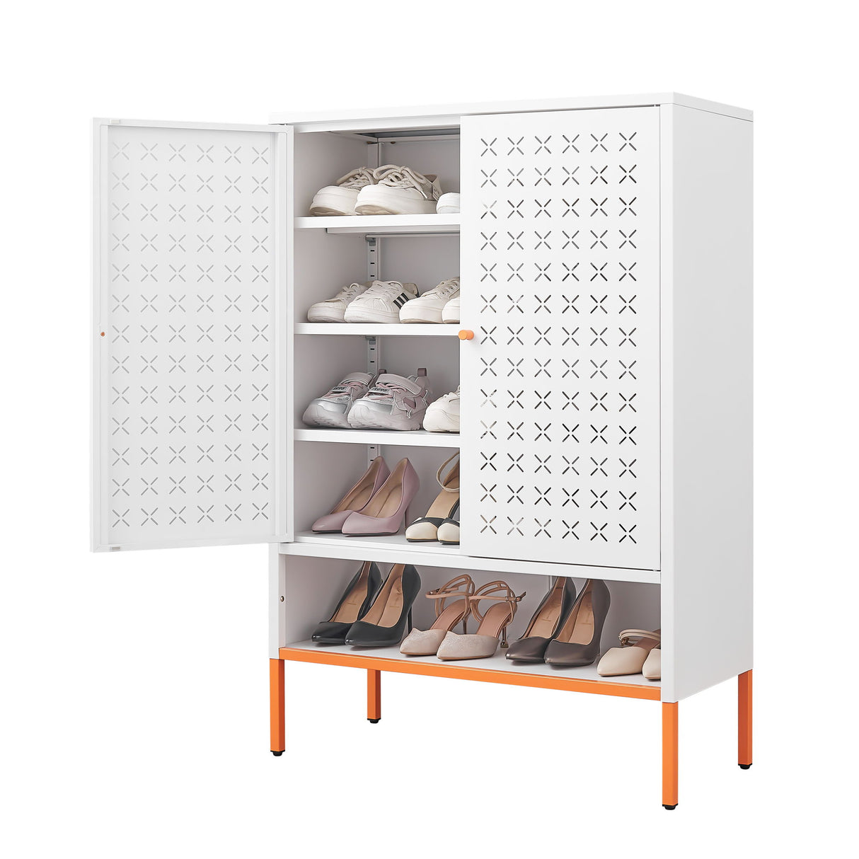 Grid Double Door Shoe Cabinet With Adjustable Compartments And Moisture-Proof Design In White Metal