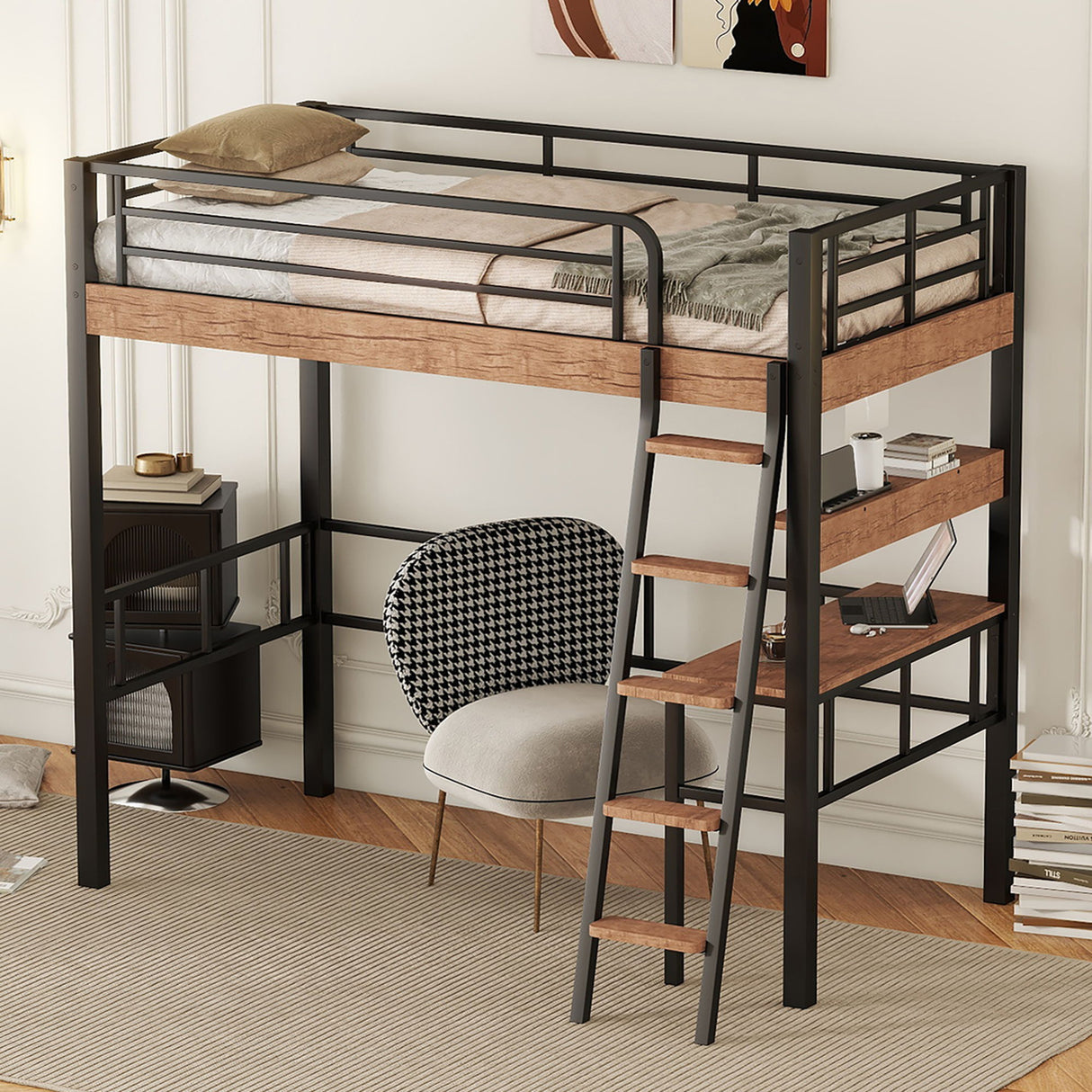 Loft Bed With Built In Desk, Storage Shelf And Ladder
