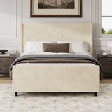 Corduroy Upholstered Bed Frame With Vertical Stripe Wingback And High Footboard