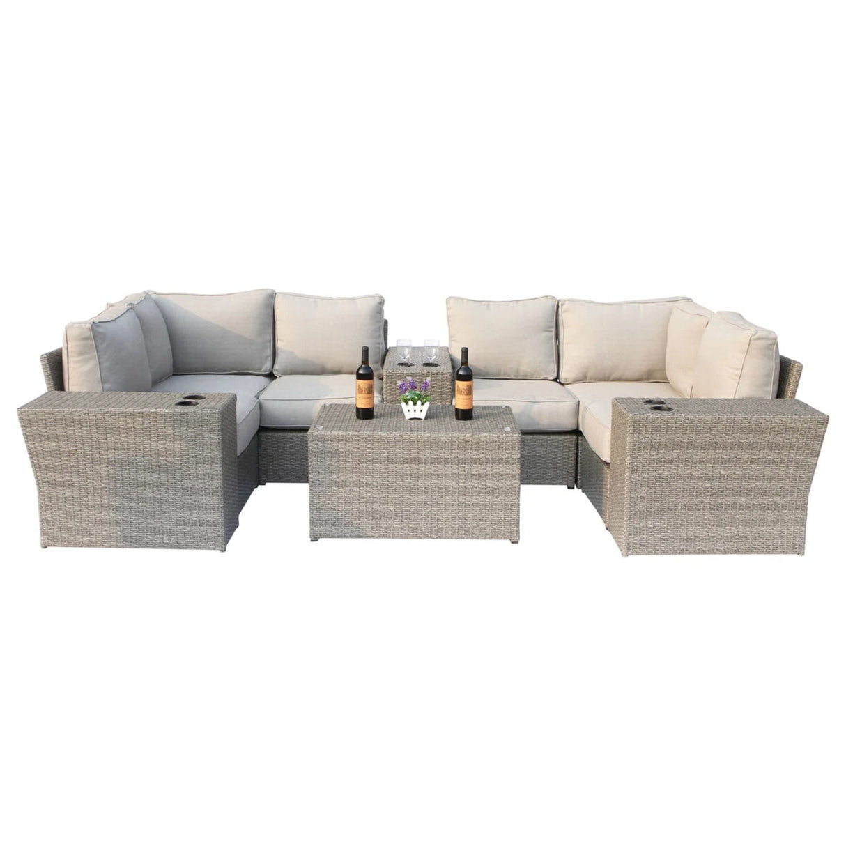 Wicker Outdoor Sectional With Weather Resistant Cushions And Table