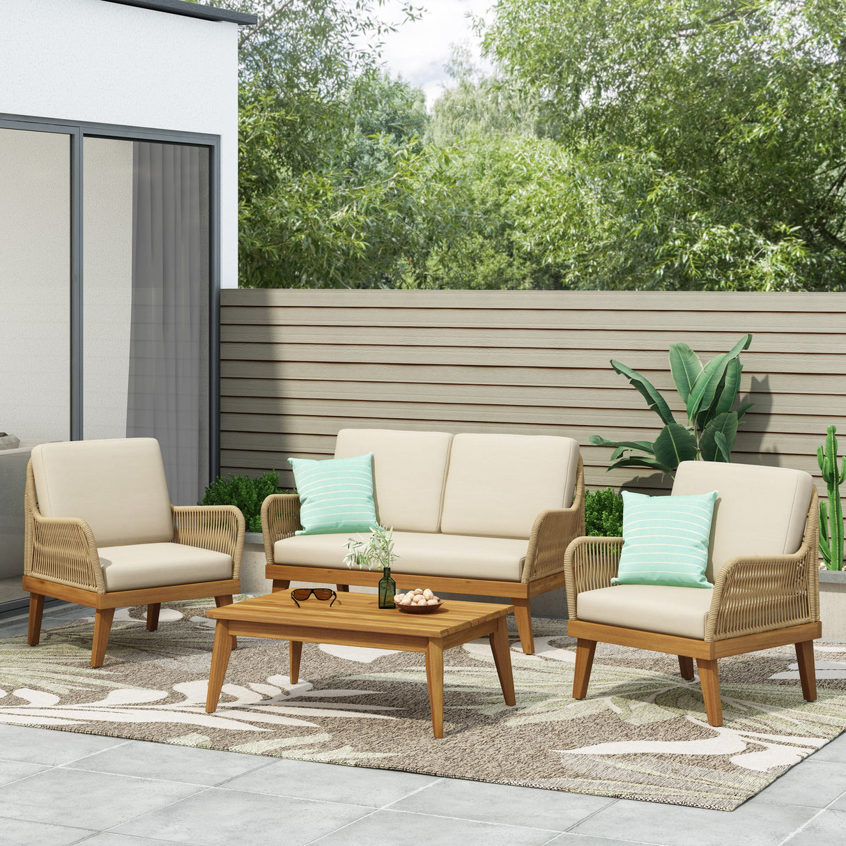 Hueber - Outdoor And Rope 4 Seater Chat Set With Cushions - Teak