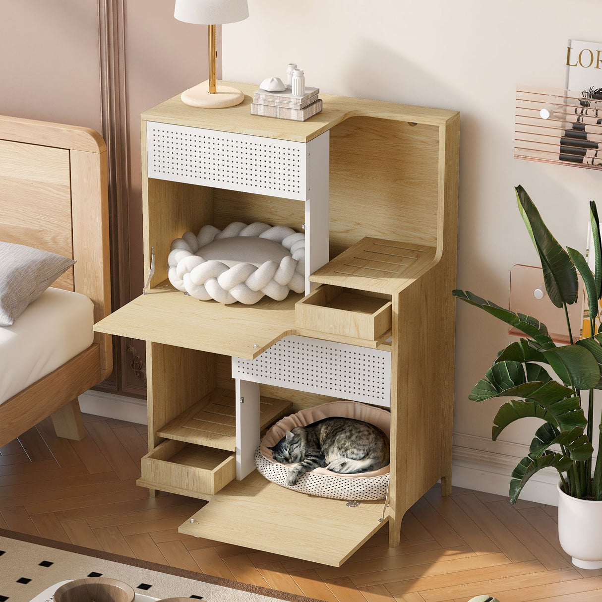 Furniture Style Multi Use Natural Cat Litter Box House With Flip Down Door - Natural