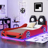 Race Car Shaped Platform Bed With LED And Upholstered Backrest In