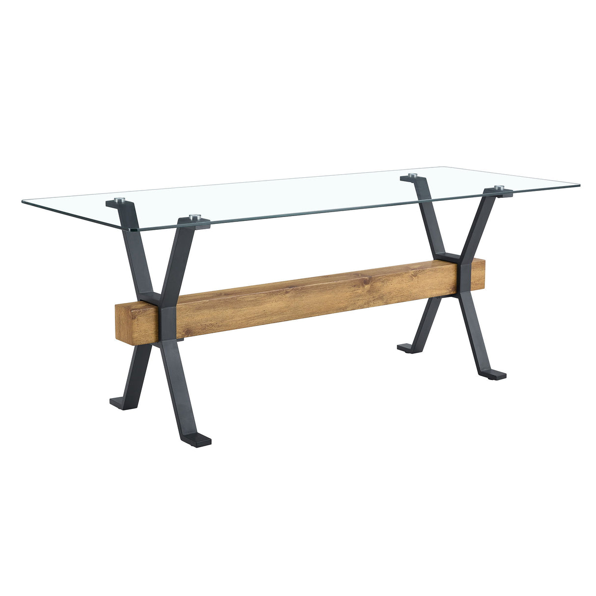 Elegant Tempered Glass Dining Table With X Shaped Metal Legs And Wood Grain Crossbeam - Black / Transparent