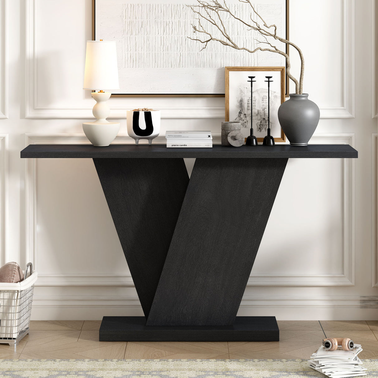 Console Table With V Shape Base, Sculptural Entryway Accent