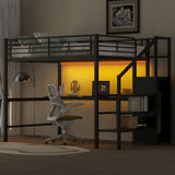 Full Size Loft Bed With Desk, Storage Staircase, Small Wardrobe And LED Light - Black