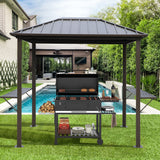 Grill Hardtop Gazebo Outdoor Metal Hard Top Gazebo, Permanent Bbq Gazebo With Galvanized Steel, Aluminum Framed Pavilion With Shelves - Dark Brown